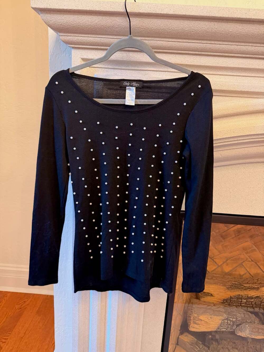 Only Nine Petite Pearl Embellished Long Sleeve Top Size PS Black